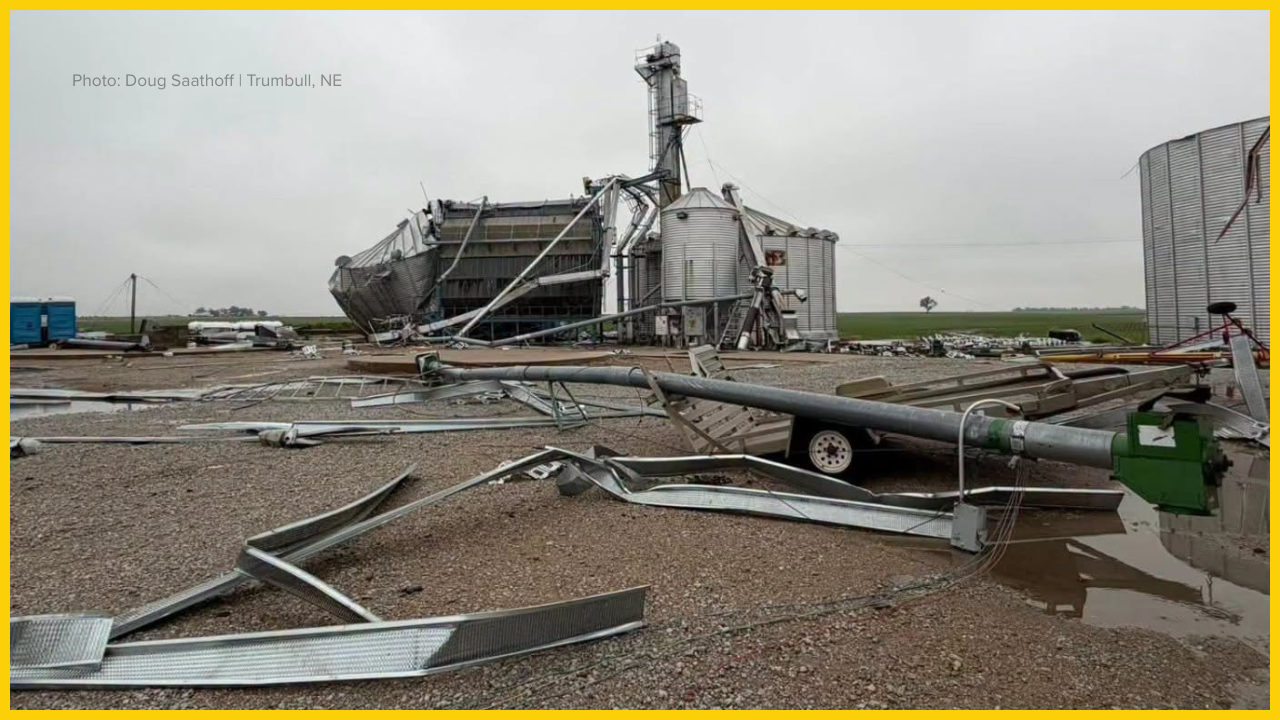 WATCH: Weekend storms shred corn, twist grain bins in Nebraska