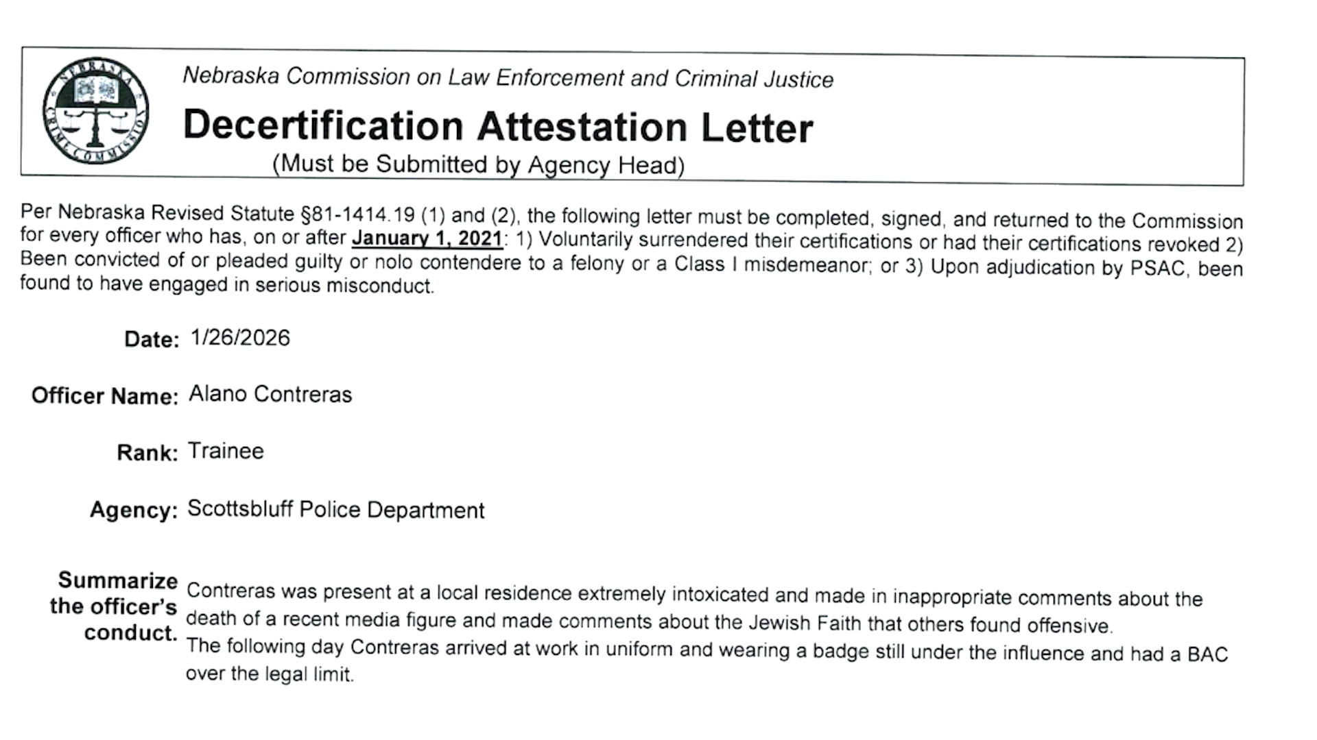 Scottsbluff Police Trainee Decertified from Nebraska Law Enforcement