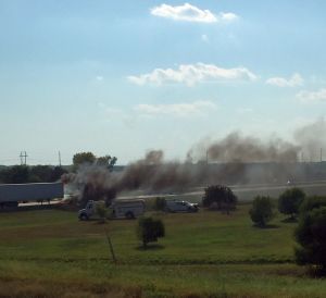 Courtesy/ Stacey Frauen. Westbound semi on Interstate 80 late Tuesday afternoon catches fire near Lexington interchange.