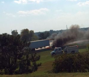 Courtesy/ Stacey Frauen. Westbound semi on Interstate 80 late Tuesday afternoon catches fire near Lexington interchange.